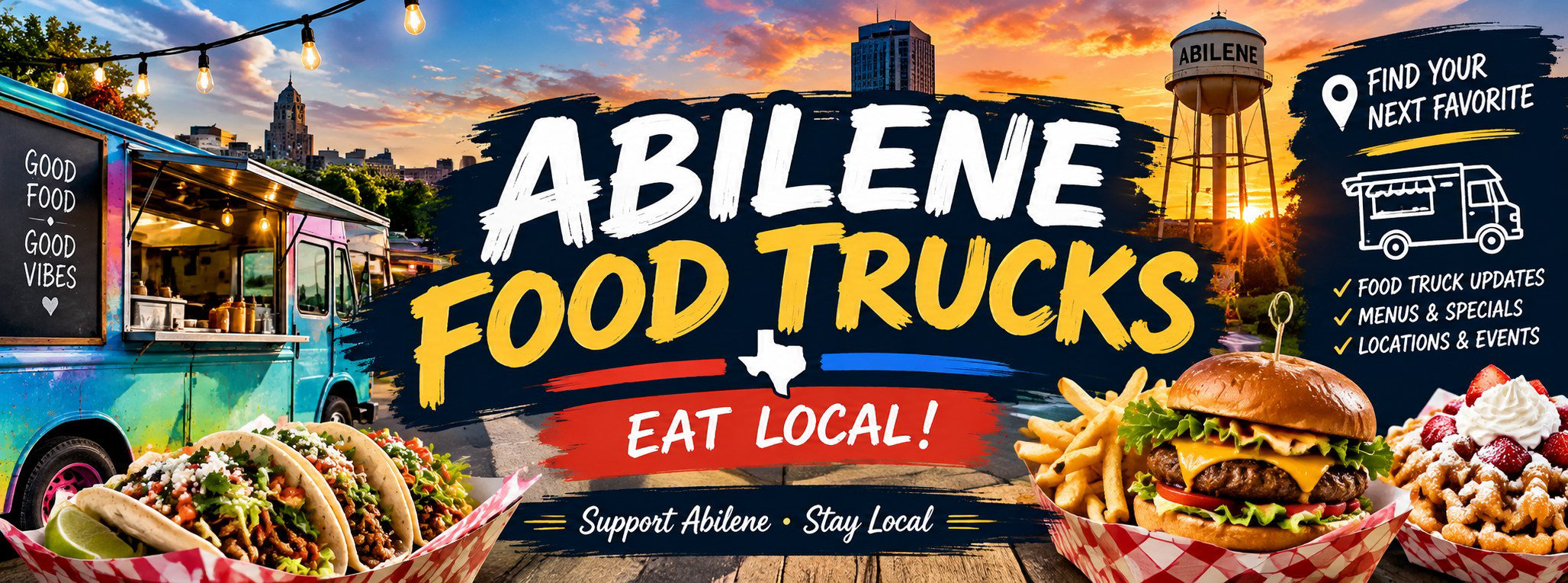 Food truck event in Abilene TX at night with string lights and a lively crowd, presented by Find My Food Truck
