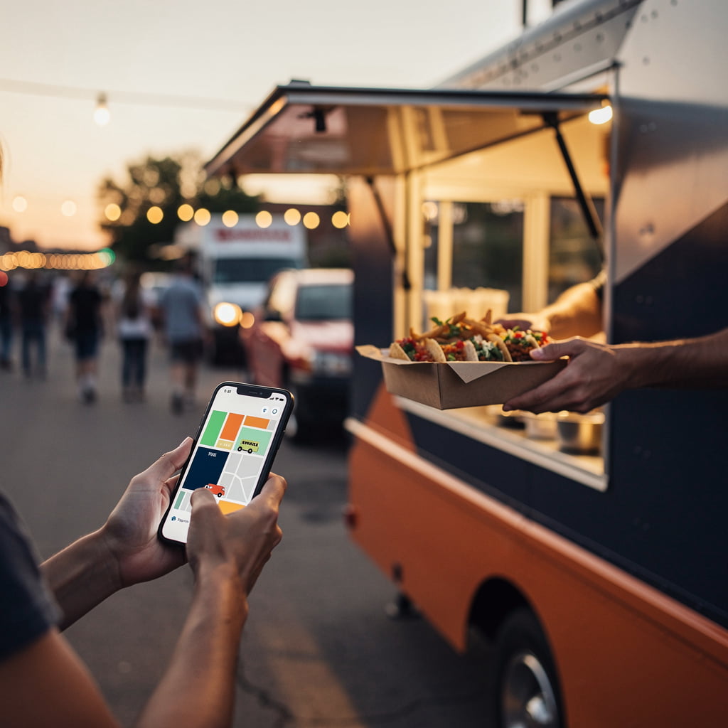 Find My Food Truck guests lining up at a food truck at dusk, showing where to find local food trucks in Abilene, TX